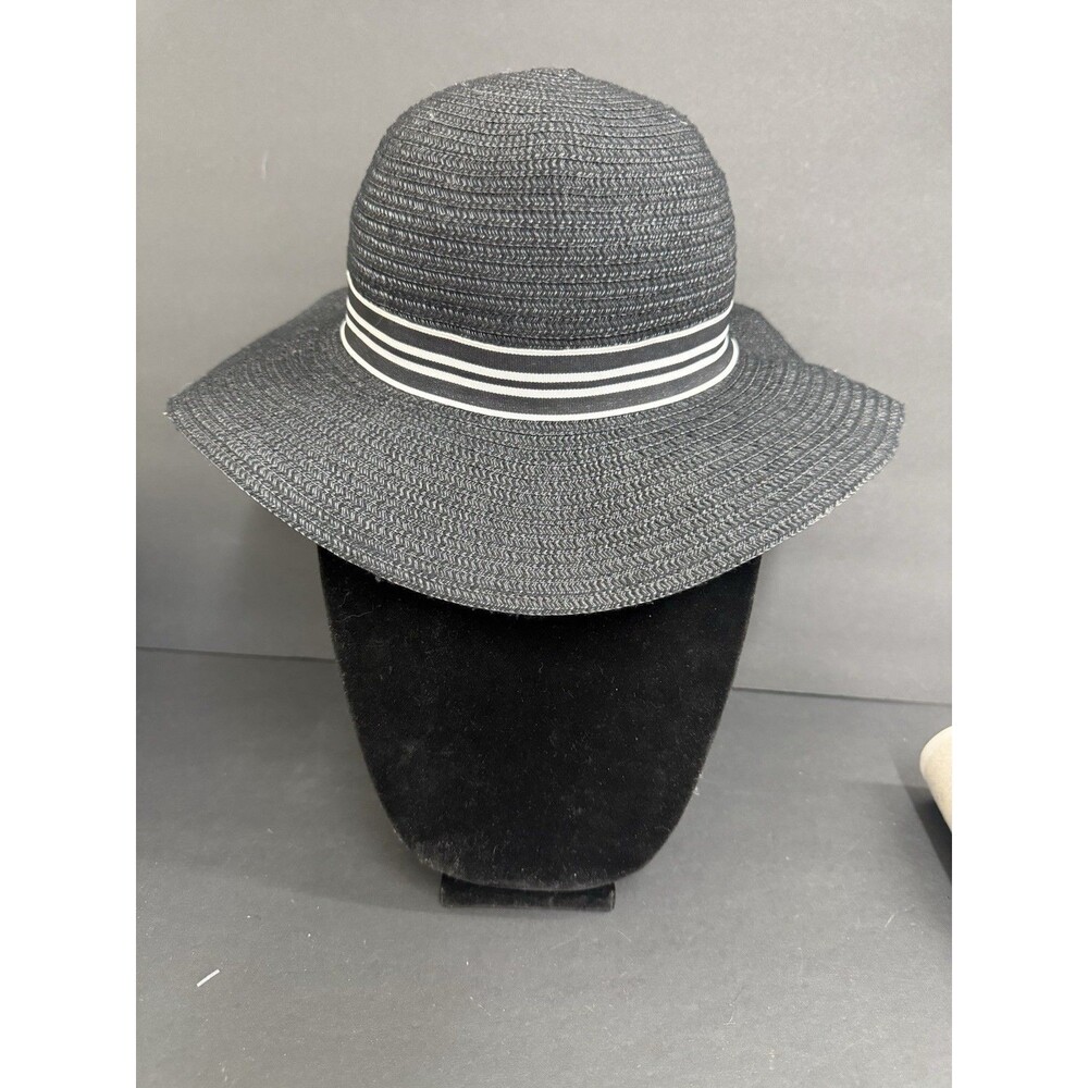 Nicole Marciano Black Wide Brim Floppy Sun Hat Stripe Ribbon One Size